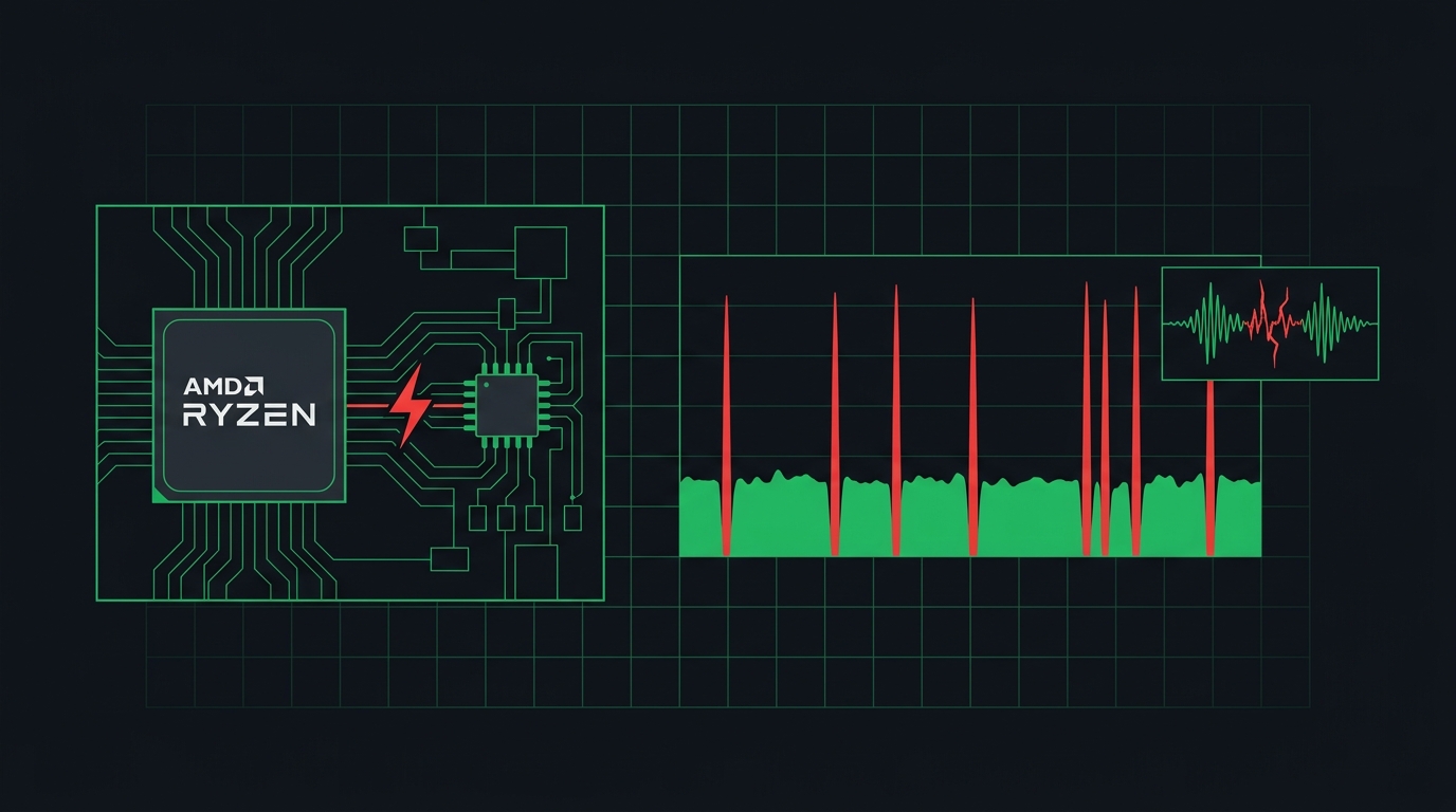 AMD fTPM stutter diagram showing periodic SPI flash transactions stalling CPU, audio, and frame times