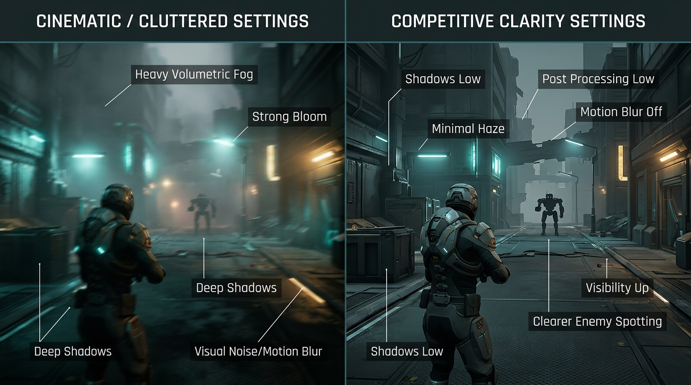 Arc Raiders side-by-side comparison showing cinematic cluttered settings versus competitive clarity settings.