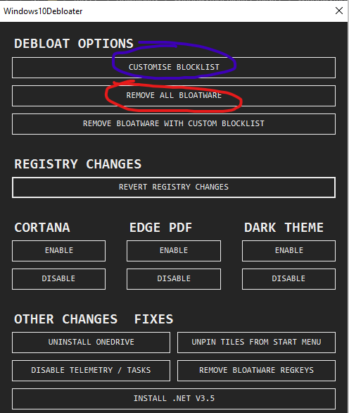 Windows 10 Debloat tool interface