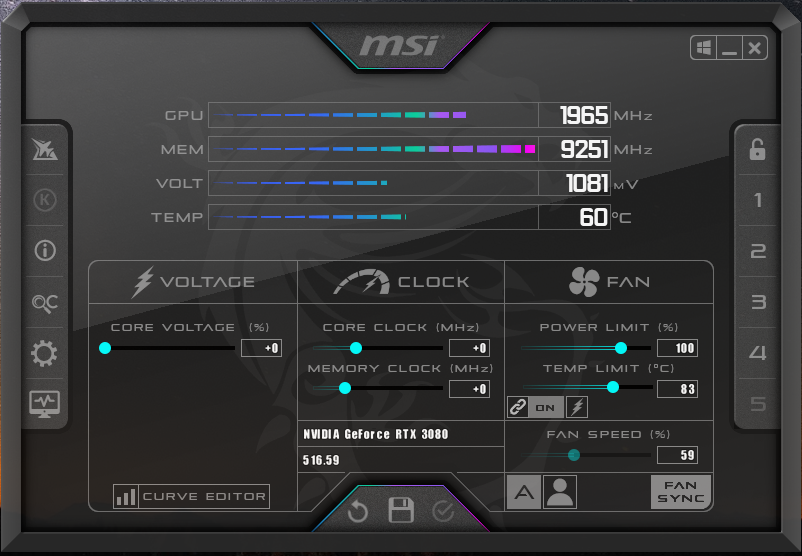 MSI Afterburner showing an RTX 3080 with no overclock applied