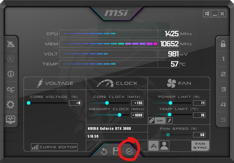 RTX 3080 with suggested core and memory overclock applied in Afterburner