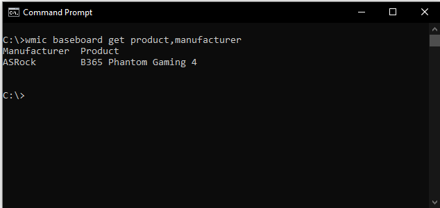 Command Prompt showing motherboard manufacturer and model