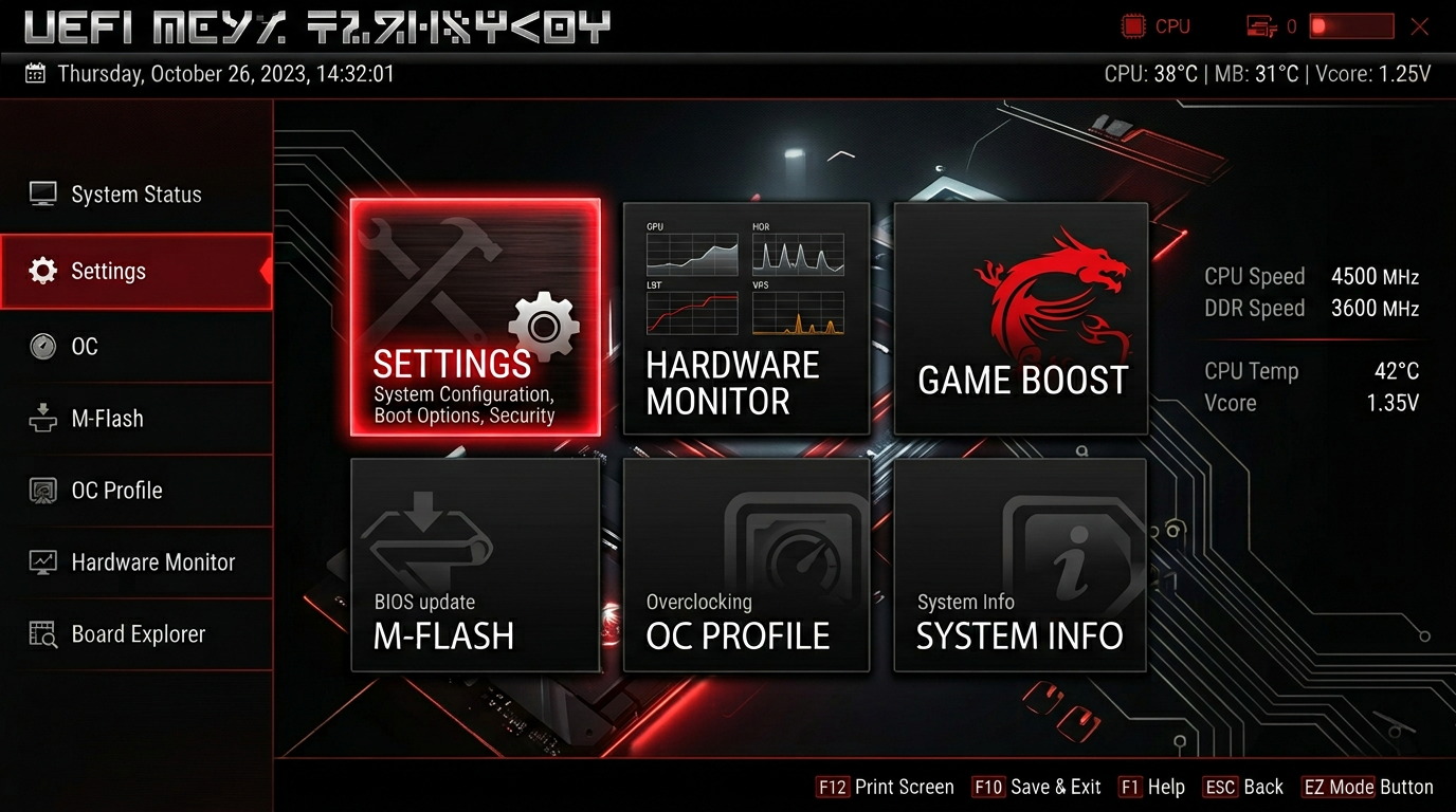 MSI Click BIOS 5 home screen with Settings menu highlighted