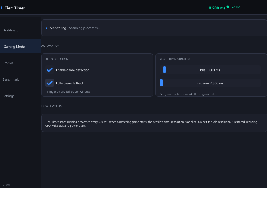 Tier1Timer Gaming Mode tab with game detection and full-screen fallback enabled, and a resolution strategy of 1.000 ms idle and 0.500 ms in-game