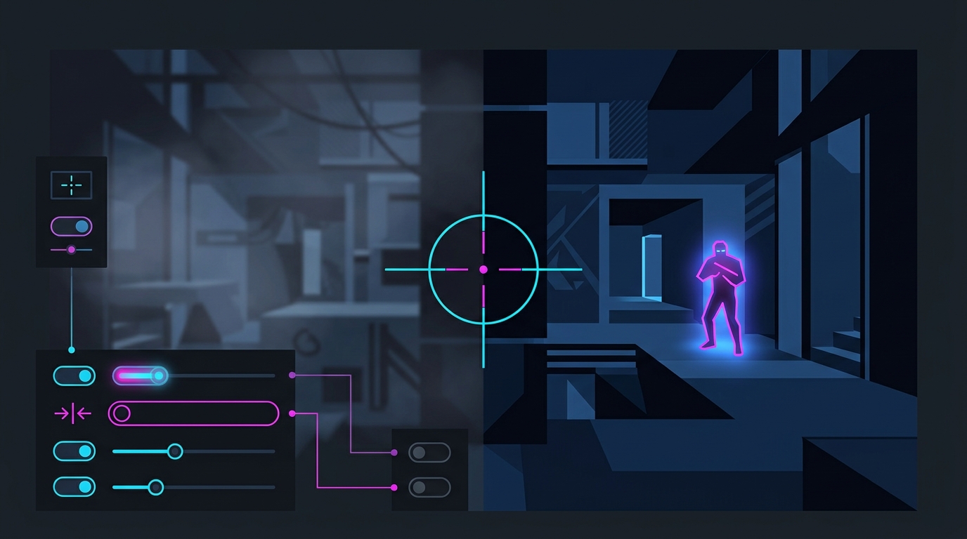 Best Valorant visibility settings comparison showing a cluttered image versus a clean high-contrast competitive view with a highlighted enemy.