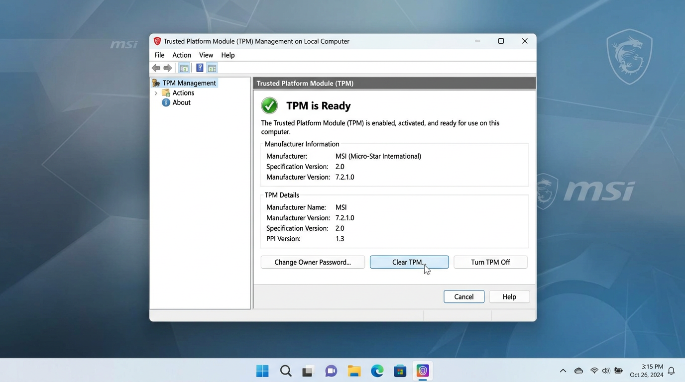 Windows TPM Management with MSI firmware TPM 2.0 active